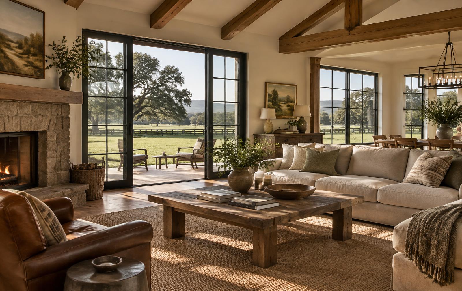 Warm interior of a Burbank ranch home with wood beams and windows overlooking green pasture