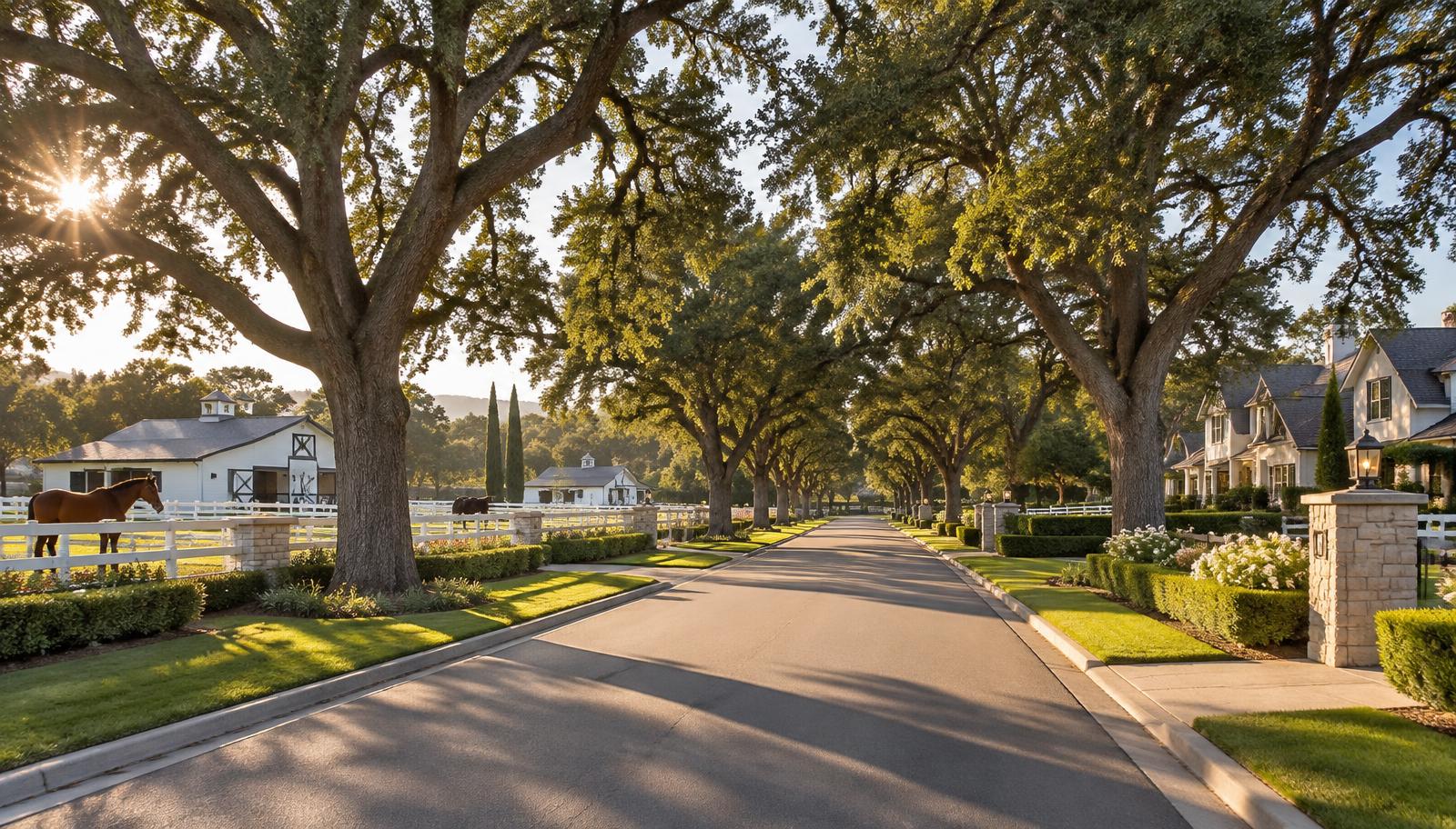 Tree-lined street in the Burbank Rancho equestrian neighborhood with white fencing and horse stables